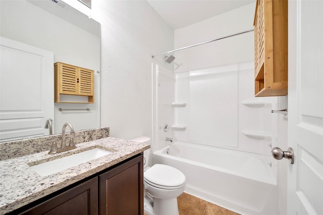 full bath featuring toilet, washtub / shower combination, visible vents, and vanity