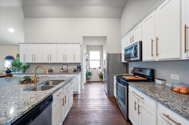 kitchen featuring white cabinetry, sink, dark hardwood / wood-style flooring, light stone counters, and stainless steel appliances