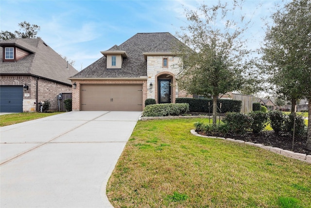 french provincial home featuring a garage and a front lawn