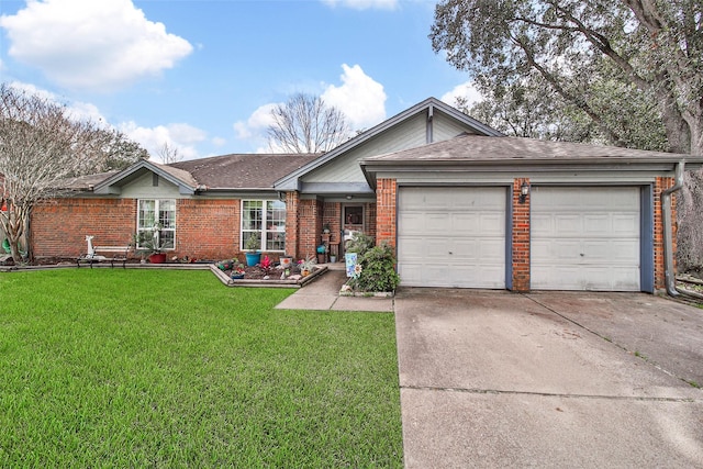 ranch-style house featuring a garage and a front lawn