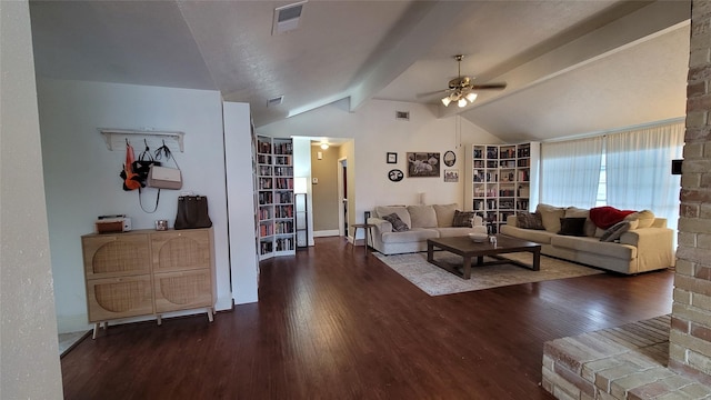 living room featuring lofted ceiling with beams, dark hardwood / wood-style floors, and ceiling fan