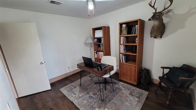 office area featuring dark hardwood / wood-style flooring and ceiling fan