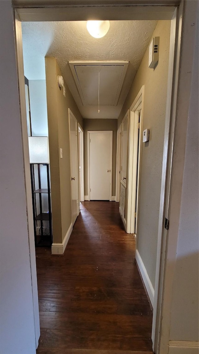 hallway with a textured ceiling and dark hardwood / wood-style flooring