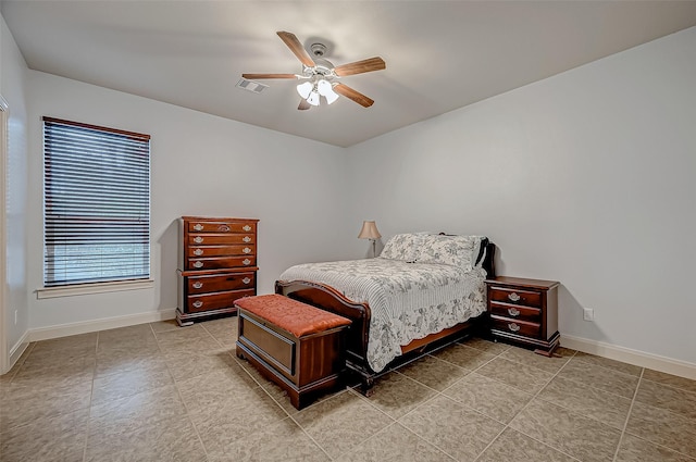 bedroom with visible vents, baseboards, and ceiling fan