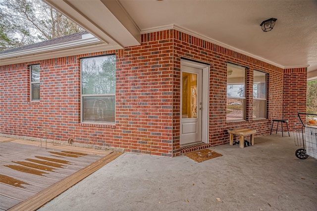 entrance to property with a shingled roof, a patio area, and brick siding