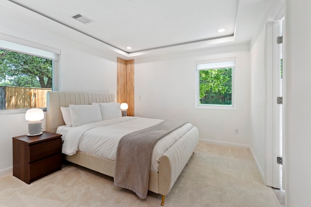 carpeted bedroom with a tray ceiling and multiple windows