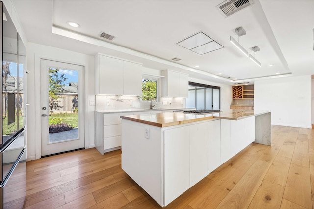 kitchen with a raised ceiling, sink, white cabinets, and light hardwood / wood-style floors