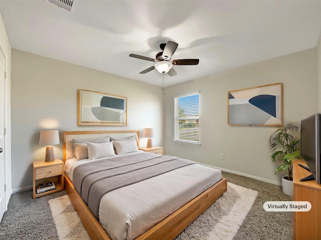 bedroom featuring ceiling fan and carpet floors