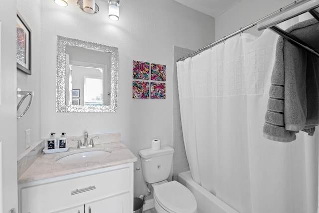 full bathroom with vanity, shower / bath combination with curtain, and toilet