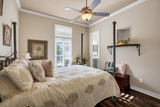 bedroom with ceiling fan, ornamental molding, dark hardwood / wood-style floors, and ensuite bath