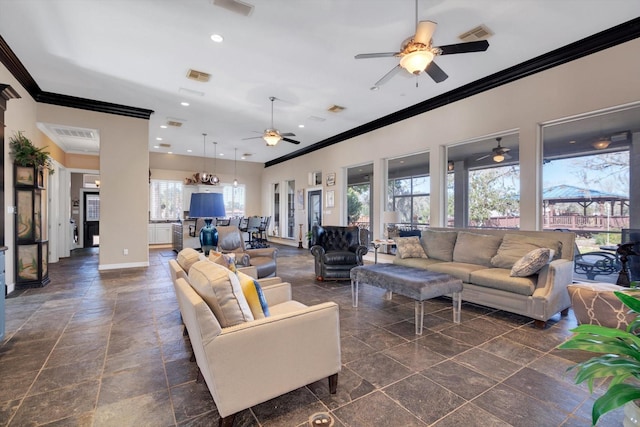 living room featuring crown molding