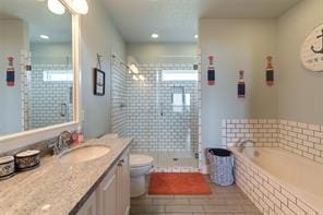 full bathroom with vanity, plenty of natural light, separate shower and tub, and toilet