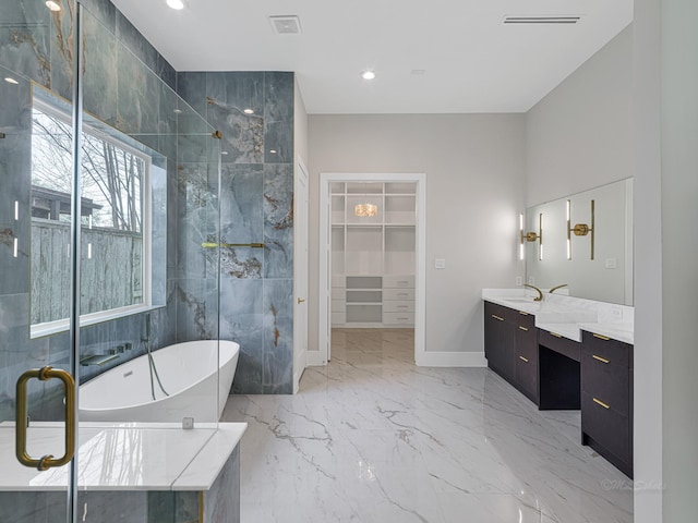 bathroom with vanity and plus walk in shower