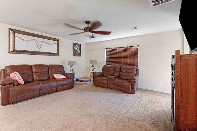 living room with carpet floors and ceiling fan