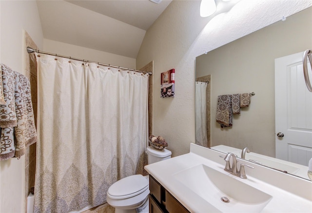 full bathroom featuring vanity, toilet, vaulted ceiling, and shower / bath combo with shower curtain