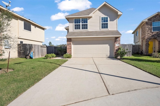 front facade with a garage and a front lawn