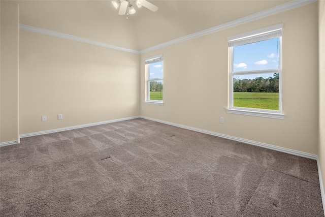 carpeted spare room with crown molding and ceiling fan