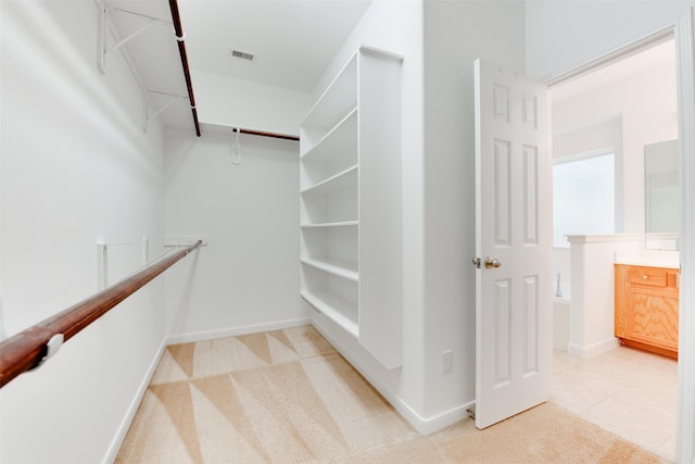 spacious closet featuring light colored carpet