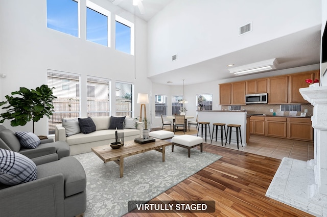 living room with light hardwood / wood-style flooring