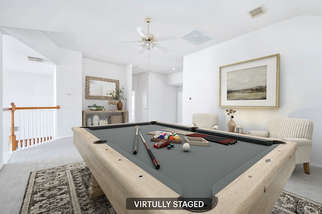 game room featuring ceiling fan, pool table, vaulted ceiling, and carpet floors