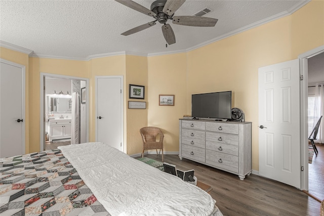 bedroom with sink, ornamental molding, ceiling fan, dark wood-type flooring, and a textured ceiling