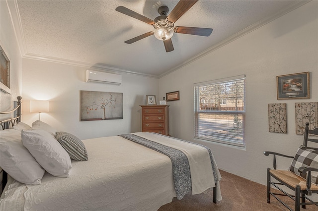 bedroom with a wall mounted air conditioner, lofted ceiling, carpet flooring, ornamental molding, and a textured ceiling