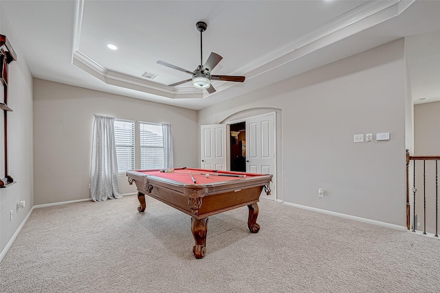 rec room featuring pool table, light carpet, ornamental molding, a raised ceiling, and ceiling fan