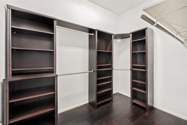 walk in closet with dark hardwood / wood-style flooring