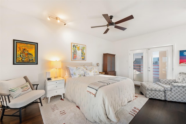 bedroom featuring hardwood / wood-style floors, access to exterior, ceiling fan, and french doors