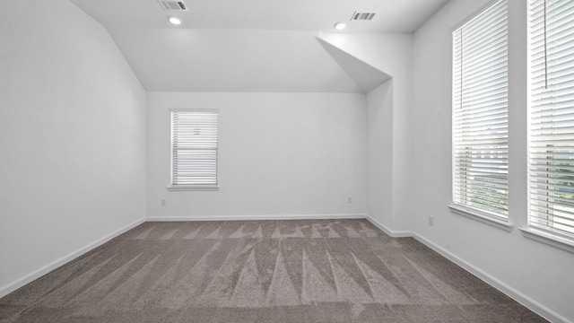 interior space featuring vaulted ceiling and carpet flooring