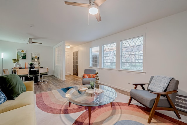 living room featuring ceiling fan and light wood-type flooring