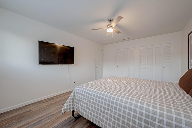 bedroom with wood-type flooring, two closets, and ceiling fan