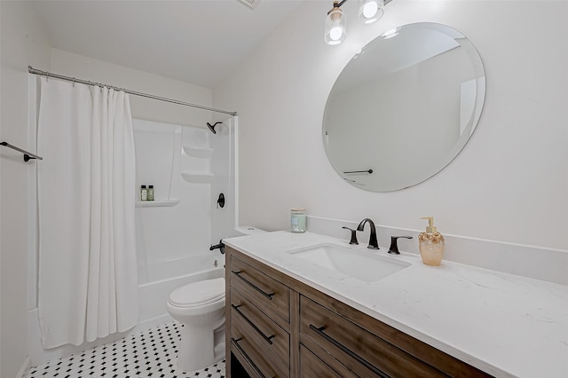 full bathroom with vanity, tile patterned floors, shower / bath combination with curtain, and toilet