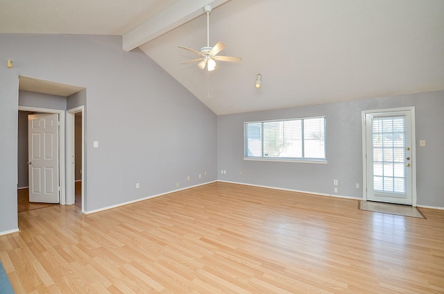 unfurnished living room featuring beam ceiling, light hardwood / wood-style floors, and ceiling fan