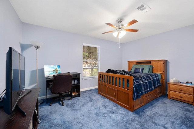 bedroom with ceiling fan and carpet floors