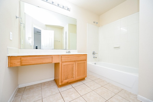 bathroom with shower / bathtub combination, tile patterned floors, and vanity