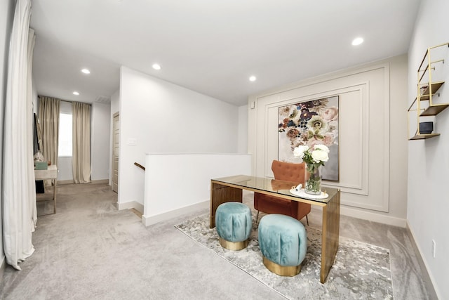 office with recessed lighting, baseboards, and light carpet