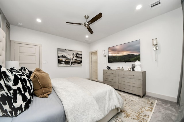 bedroom featuring visible vents, recessed lighting, baseboards, and ceiling fan