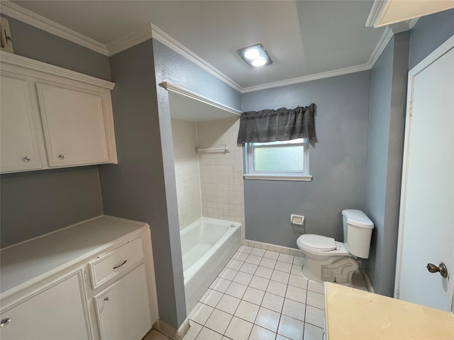 full bathroom with tiled shower / bath combo, vanity, toilet, crown molding, and tile patterned floors