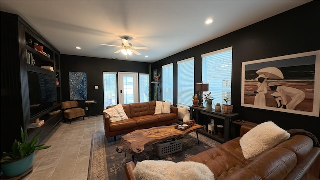 living room featuring ceiling fan