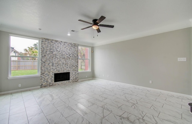 unfurnished living room with marble finish floor, ornamental molding, a tile fireplace, and visible vents