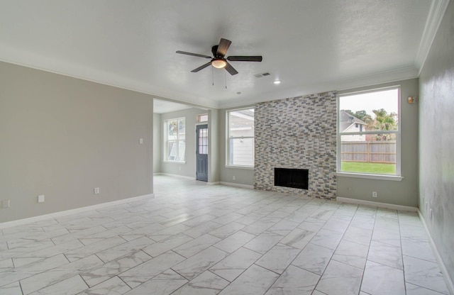 unfurnished living room with a fireplace, a ceiling fan, baseboards, marble finish floor, and ornamental molding