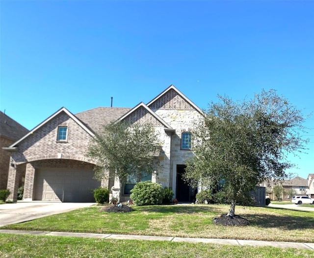 french country inspired facade featuring a front lawn, driveway, stone siding, a garage, and brick siding