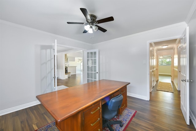 office space with ornamental molding, ceiling fan, and dark hardwood / wood-style flooring