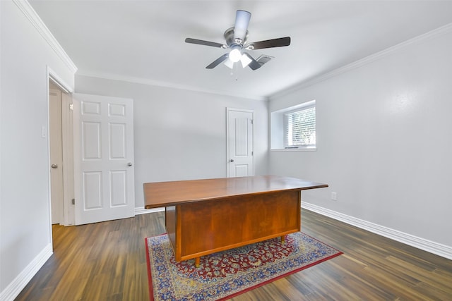 office space with crown molding, dark hardwood / wood-style floors, and ceiling fan