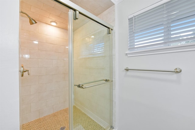 bathroom with a shower with door