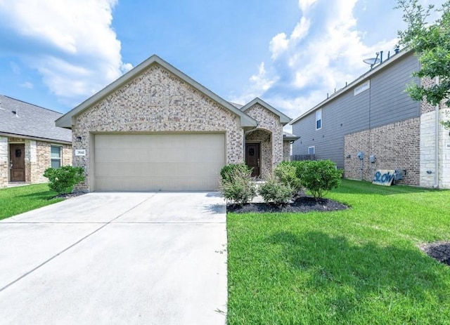 single story home with brick siding, driveway, a front lawn, and an attached garage