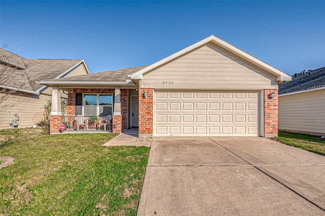 ranch-style home with a porch, a garage, and a front yard