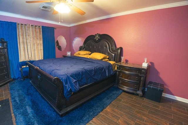 bedroom featuring ornamental molding and ceiling fan