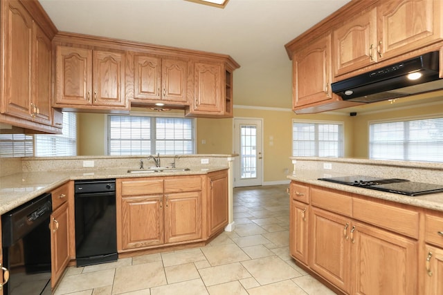 kitchen featuring light stone counters, kitchen peninsula, sink, and black appliances